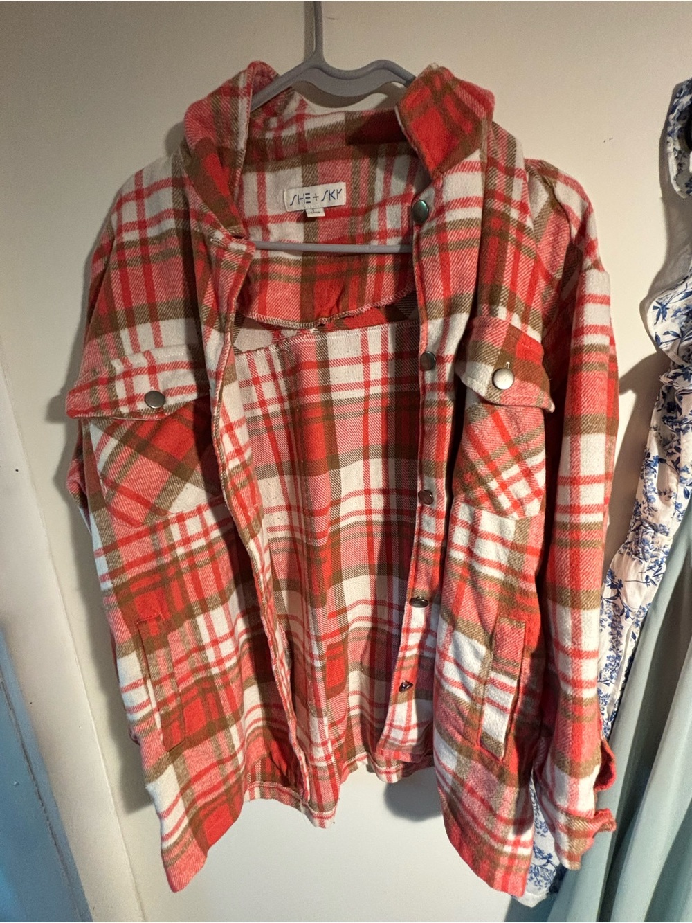 She + Sky Plaid Hooded Flannel Jacket - Red, Cream & Brown